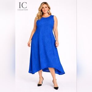 IC Collection Blue Textured Sleeveless Asymmetrical Midi Dress Plus Size 1X.